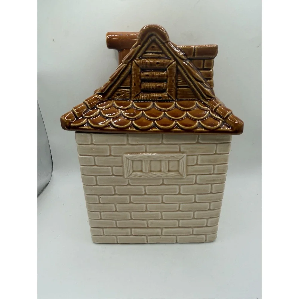 Vintage Japan Ceramic Cottage Cookie Jar Girl Brown Roof House Canister
